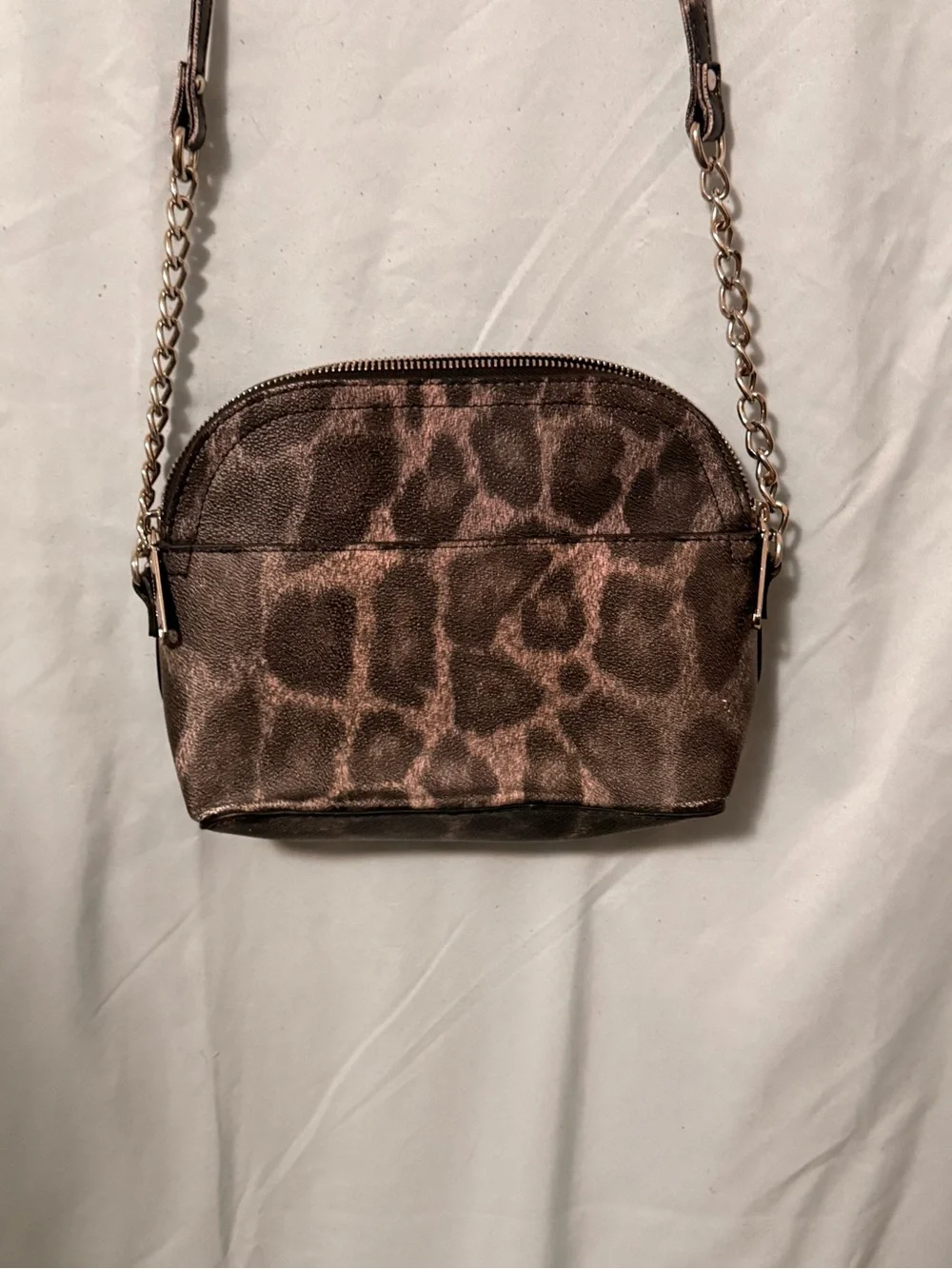 Steve Madden Metallic Leopard Print Dome Crossbody Bag Silver Chain Strap